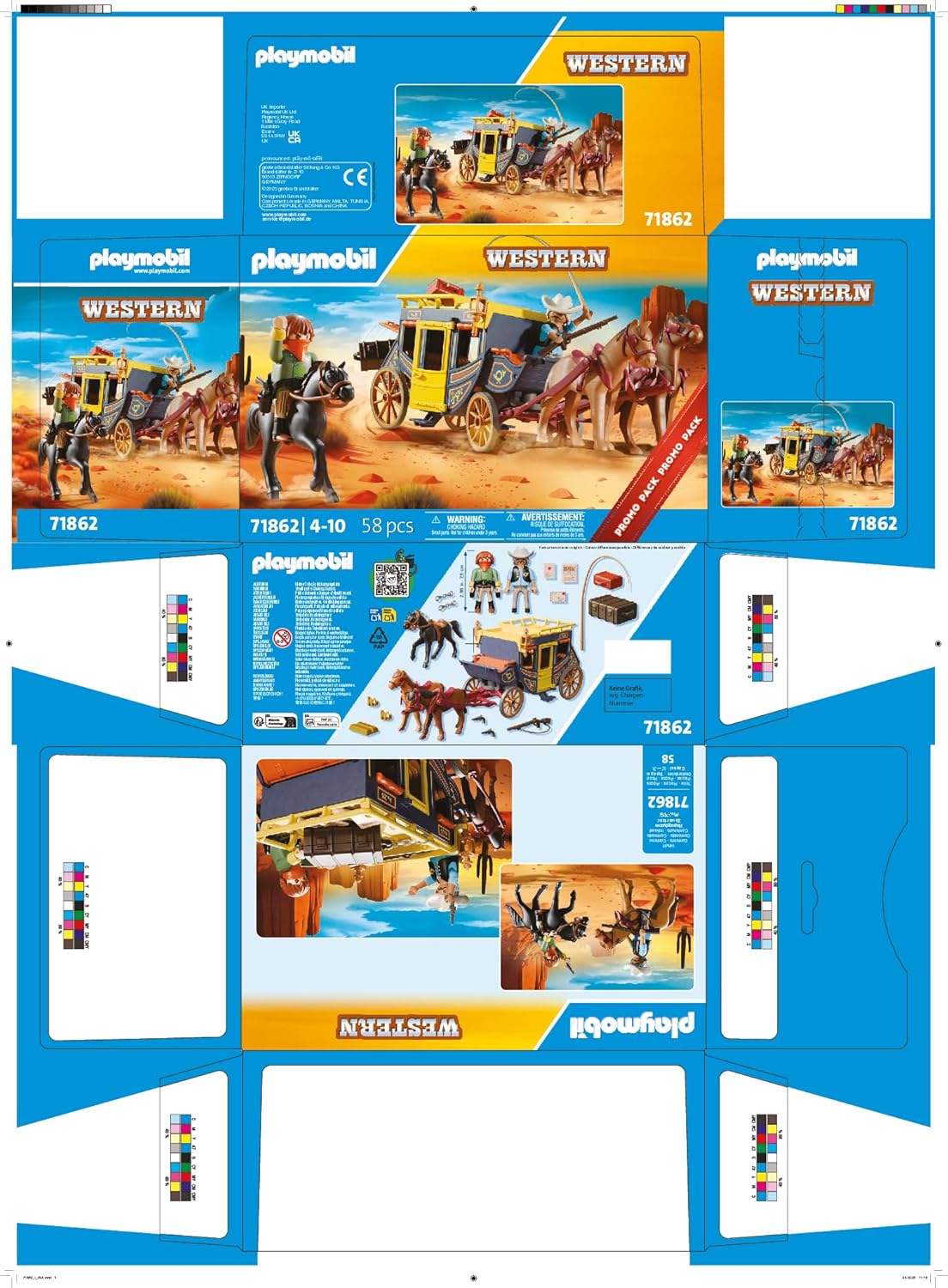 Playmobil 71862 – Western-Postkutsche mit Figuren und Zubehör für spannenden Spielspaß Playmobil Western Postkutsche Set 71862 – Verpackungsdesign mit Kutsche, Pferden und Cowboys im Wilden Westen