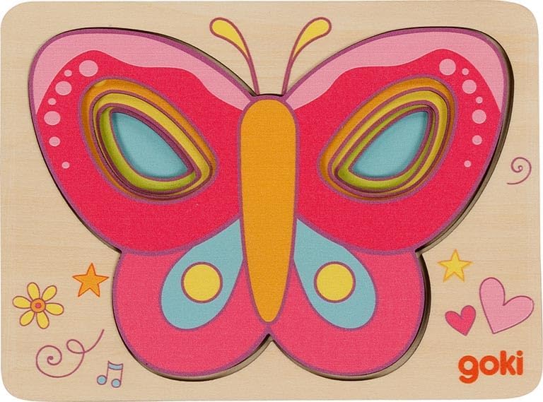 GOKI 57305 Schichtenpuzzle Schmetterling - Mehrlagiges Holzpuzzle mit 5 Ebenen