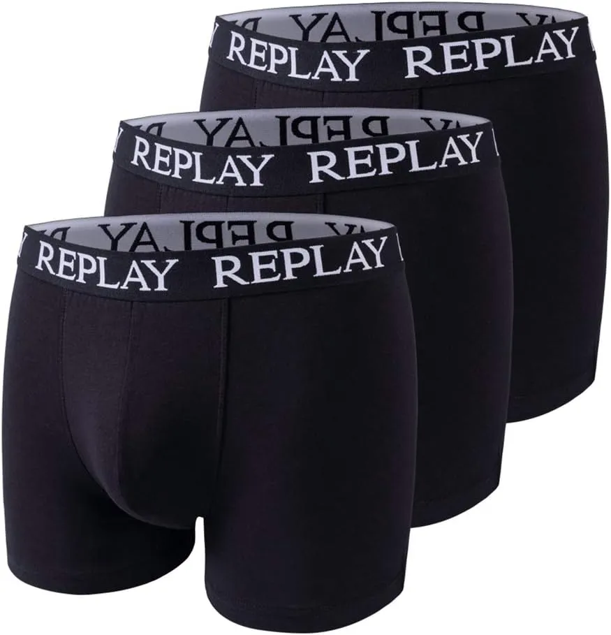 REPLAY Herren Boxershorts I101102BK - Schwarz, 3er Pack mit Logo-Bund GR. L
