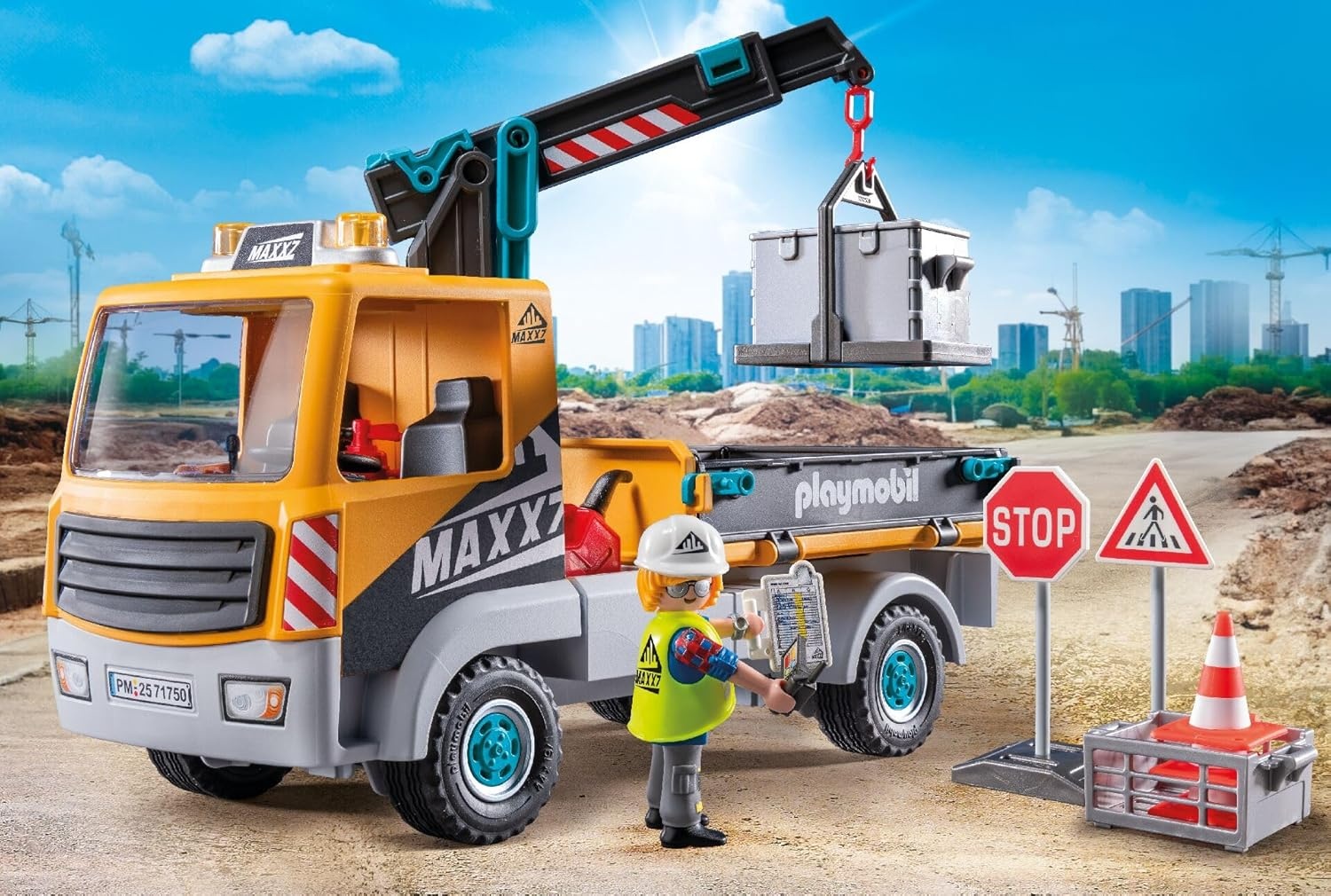 PLAYMOBIL 71750 - Action Heroes: Baustellen-LKW mit Kran und Zubehör Junge, Kind, Männlich, Person, Straßenschild