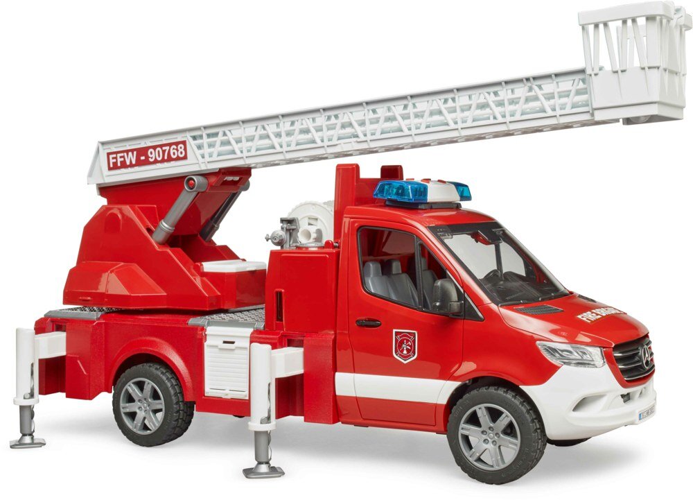 BRUDER 02673 - MB Sprinter Feuerwehr mit Drehleiter, Pumpe und Light & Sound Modul Transport, Fahrzeug, Maschine, Rad, LKW