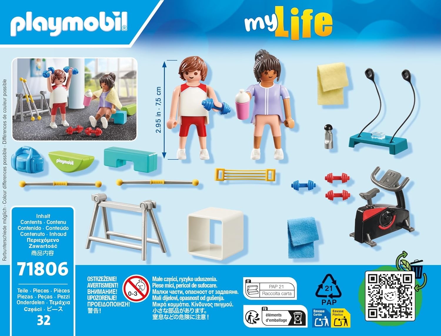 PLAYMOBIL 71806 - My Life: Fitnesstraining mit Heimtrainer & Zubehör Reinigen, Person, QR Code