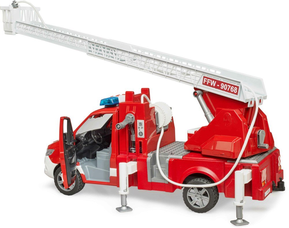 BRUDER 02673 - MB Sprinter Feuerwehr mit Drehleiter, Pumpe und Light & Sound Modul Maschine, Rad, Transport, Lastwagen, Fahrzeug