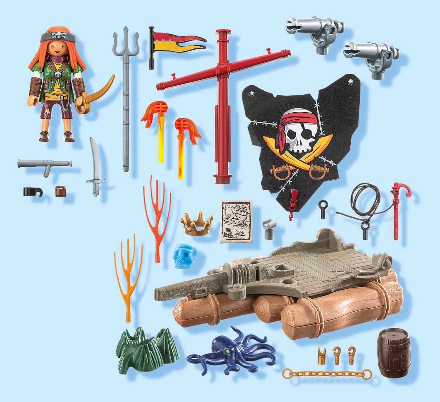 PLAYMOBIL 71794 - Pirates: Schatzbergung auf Piratenfloß mit Balliste & Piranhas Person, Pistole, Waffe, Schwert