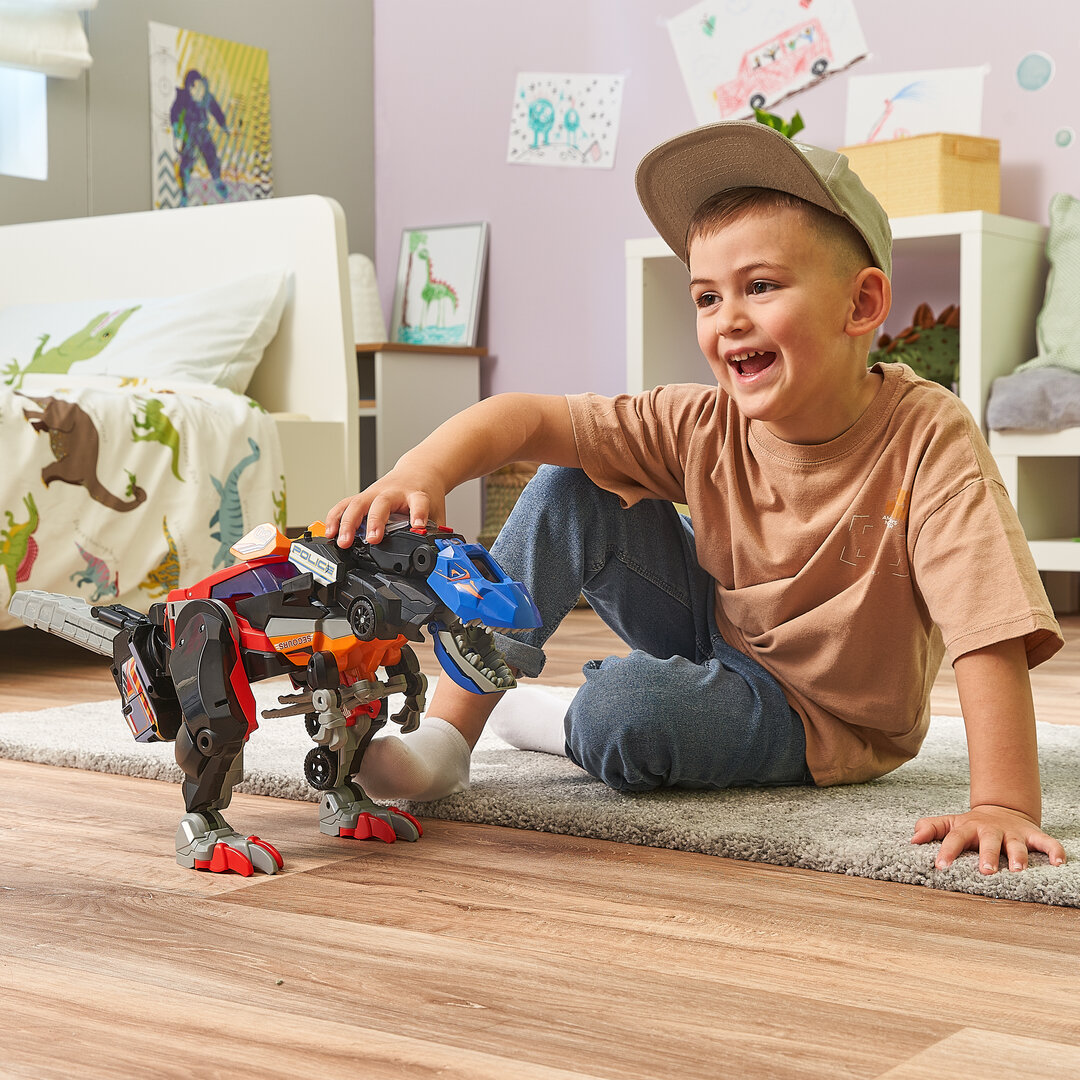 VTech Switch & Go Dinos 3-in-1 Super-T-Rex, ab 3 Jahren VTech Switch & Go Dinos 3-in-1 Super-T-Rex aus Kunststoff ~30 × 53 cm, transformiert zu Dino, Polizei-Auto & Helikopter mit über 30 Sound-Sätzen, LED-Effekten, Lautstärkeregler & kindersicher, 3 8 J., Hartholz, Holz, Kopf, Hosen, Gesicht
