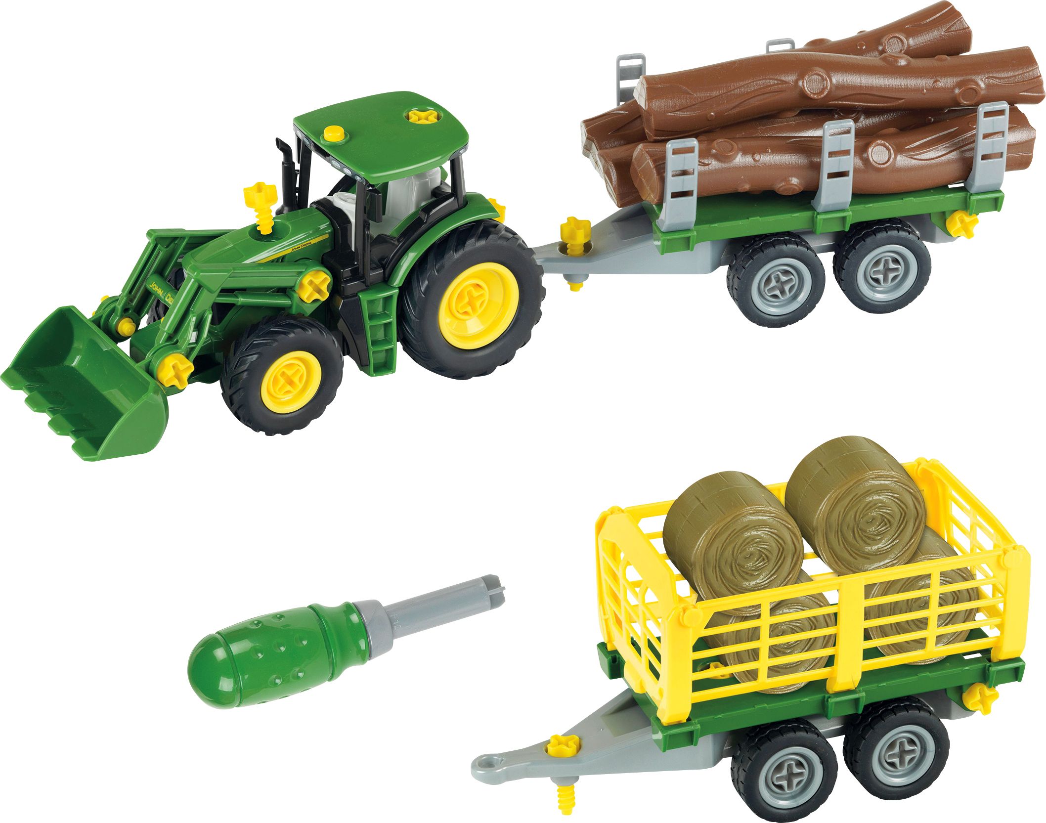Theo Klein John Deere Traktor mit Holz und Heuwagen Theo, Klein, John, Deere, Traktor, mit, Holz, und, Heuwagen, Planierraupe, Maschine
