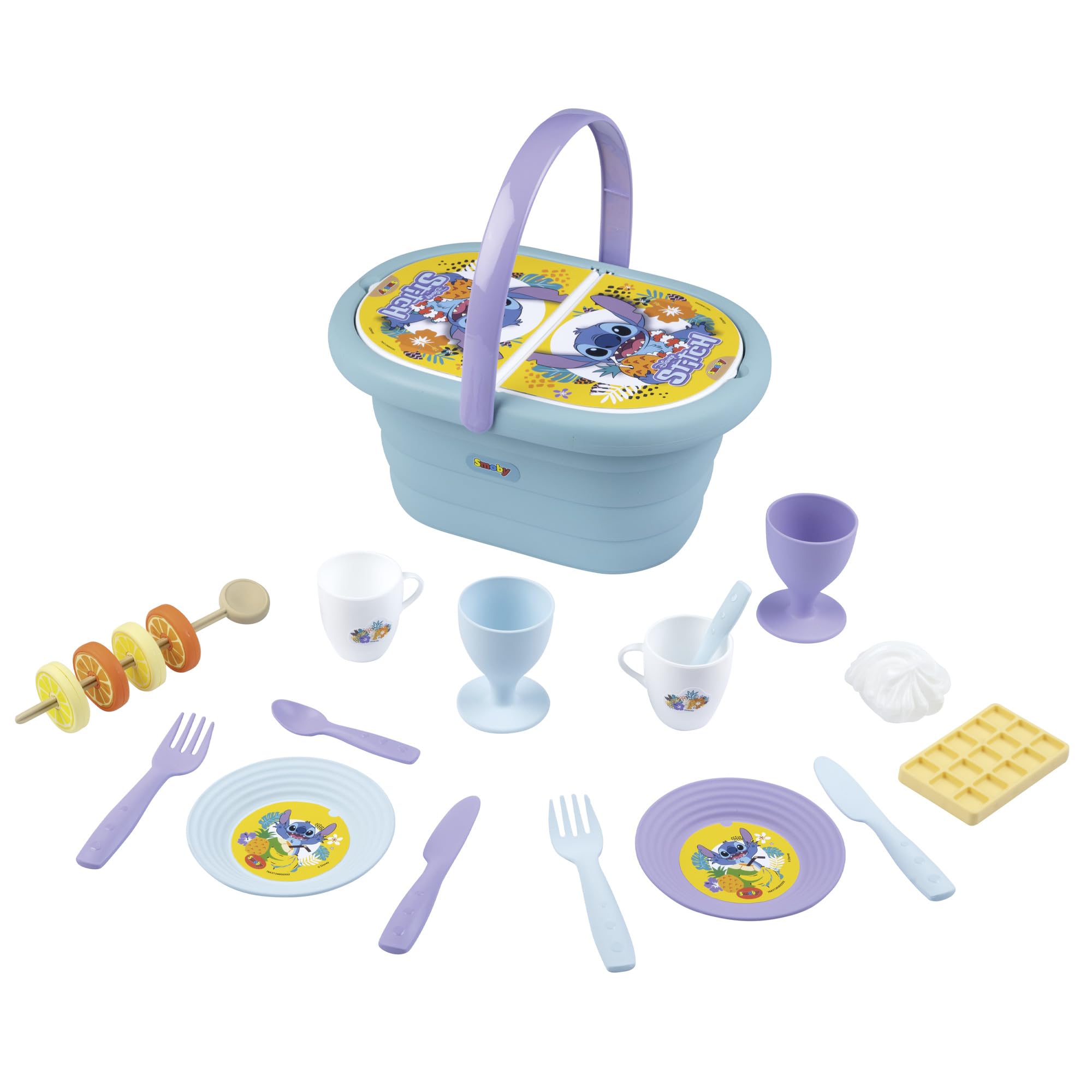 Smoby Stitch Picknickkorb Spielset mit 19 Zubehörteilen 7600312510 Besteck, Gabel, Löffel, Tasse, Teller