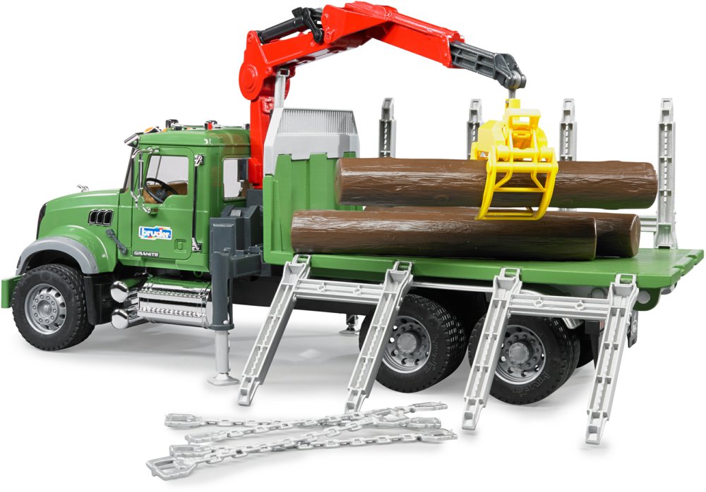 BRUDER 02824 - MACK Granite Holztransport-LKW mit Ladekran, Greifer und 3 Baumstämmen Maschine, Rad