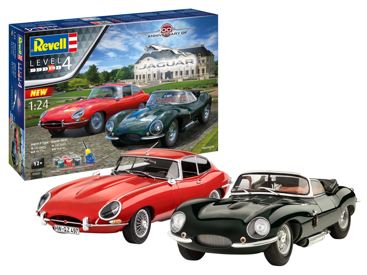 Revell_5667_Geschenkset_Jaguar_100th_Anniversary_Revell_Modellbausatz_mit_Basiszubehör, Auto, Coupé, Leichtmetallfelge, Speiche, Rad
