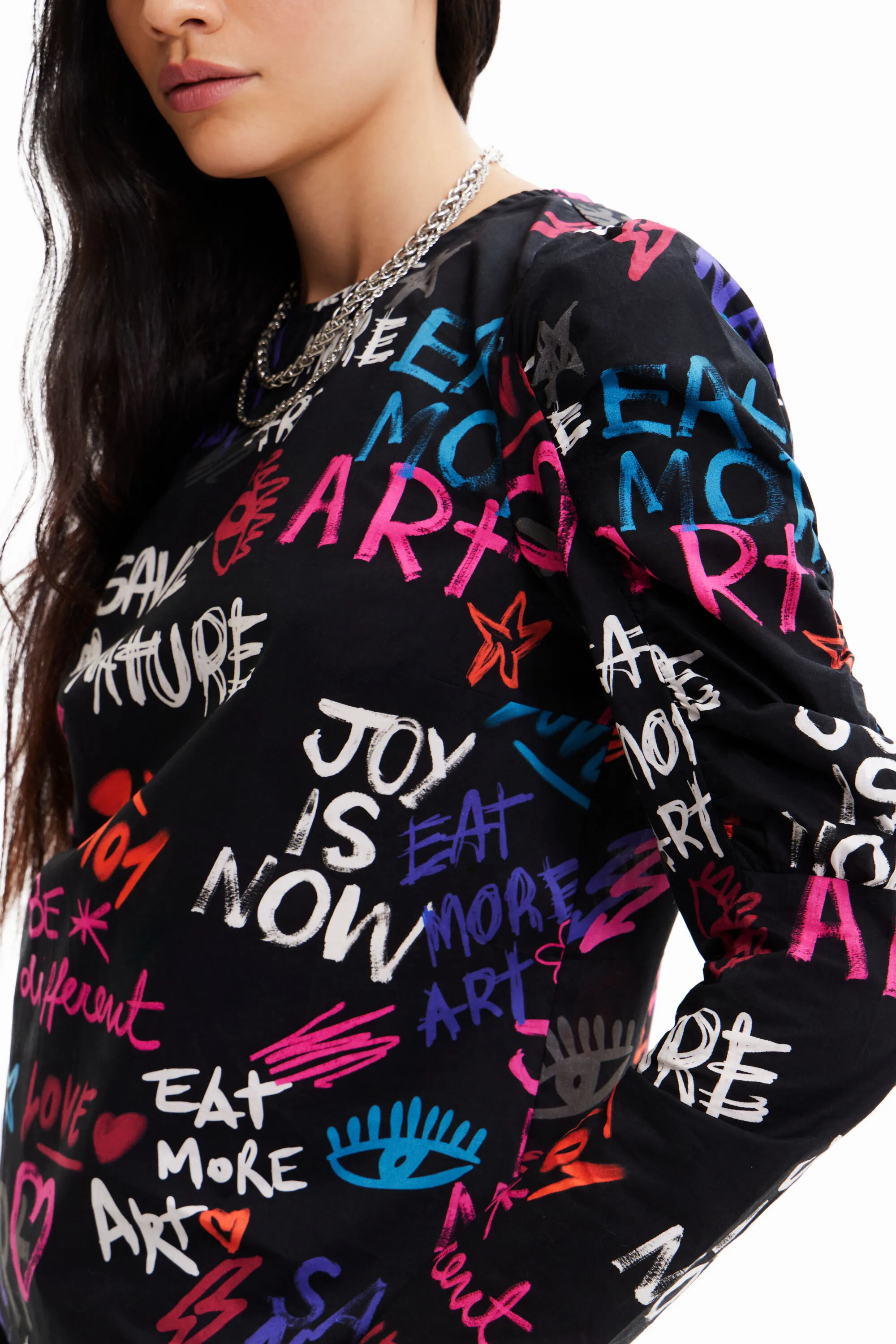 Desigual Damen Bluse - Schwarz, Bunt bedruckt 22WWBW032000 GR. M Desigual Damen Bluse - Schwarz, Bunt bedruckt 22WWBW032000 GR. M