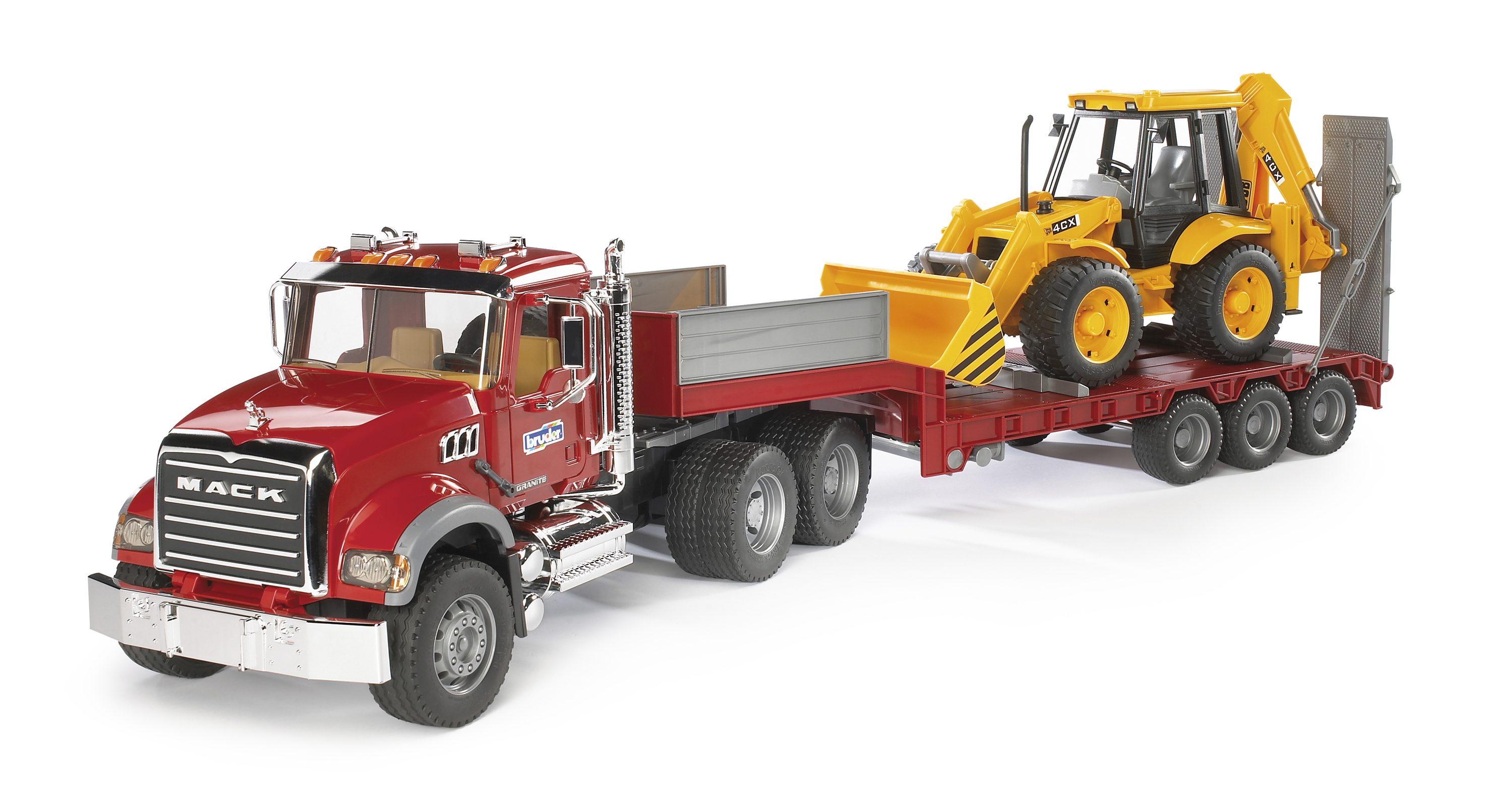 BRUDER 02813 - MACK Granite LKW mit Tieflader und JCB 4CX Baggerlader BRUDER 02813 - MACK Granite LKW mit Tieflader und JCB 4CX Baggerlader