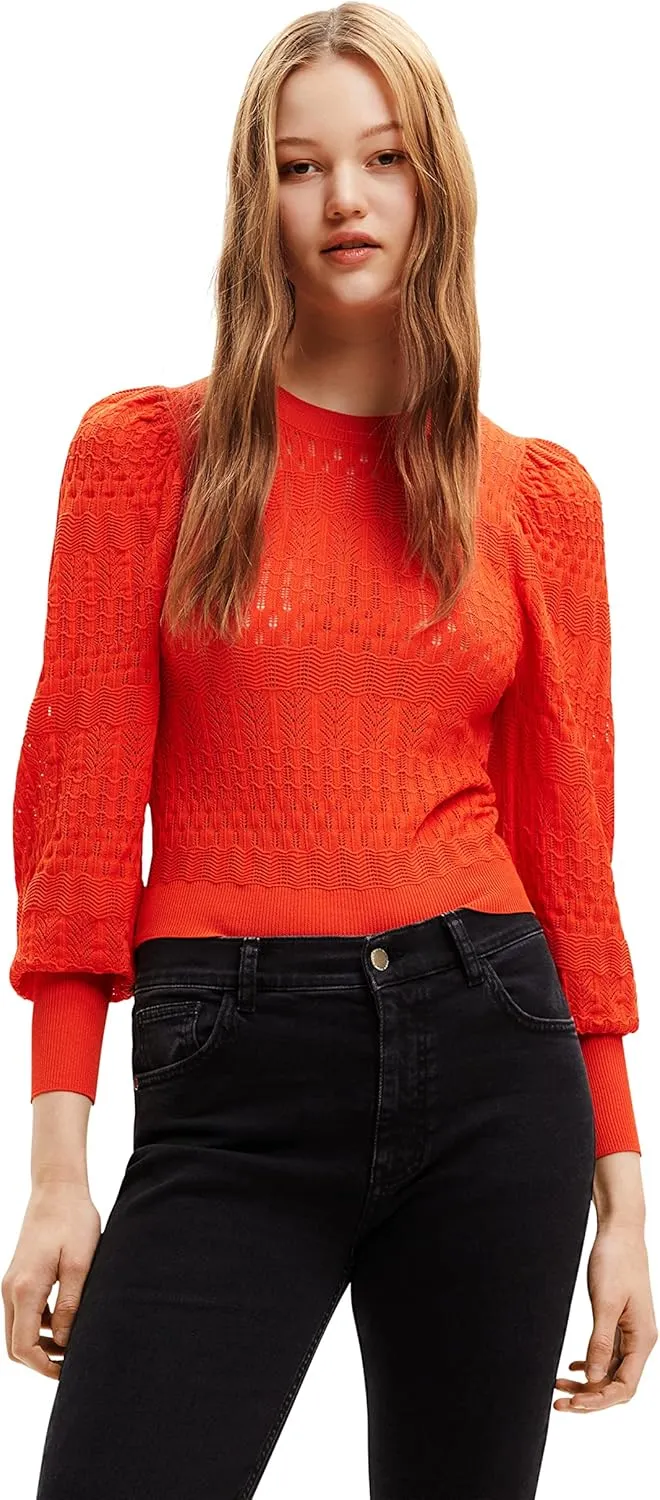 Desigual Damen Pullover - Oranger Strickpullover mit Strukturmuster 22WWJFAG7002 GR. L