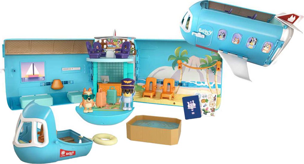 Moose Toys BLUEY HOLIDAY 3in1 Set Airplane, Boat Hotel Spielbereich, Drinnen