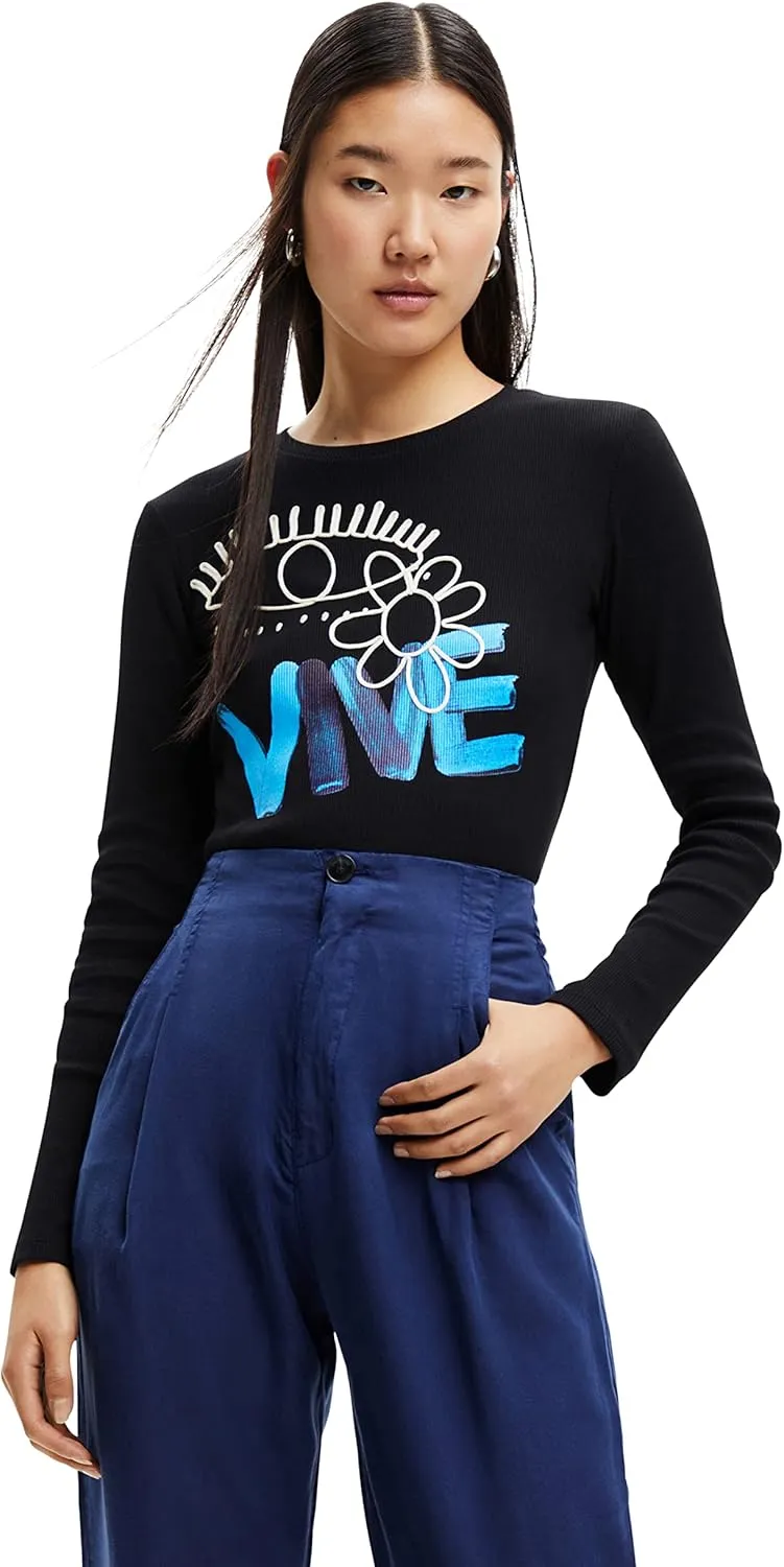 Desigual Damen Langarmshirt - Schwarzes Shirt mit blauem VIVE-Print 22WWTKA52000 GR. XS