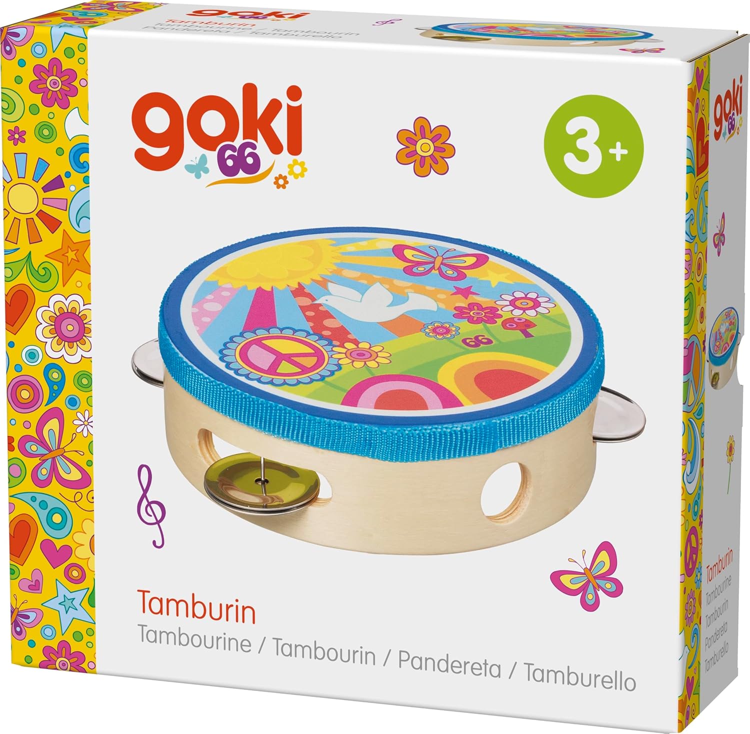 GOKI 61841 Tamburin Sonnenschein - Musikinstrument für Kinder mit Peace-Design