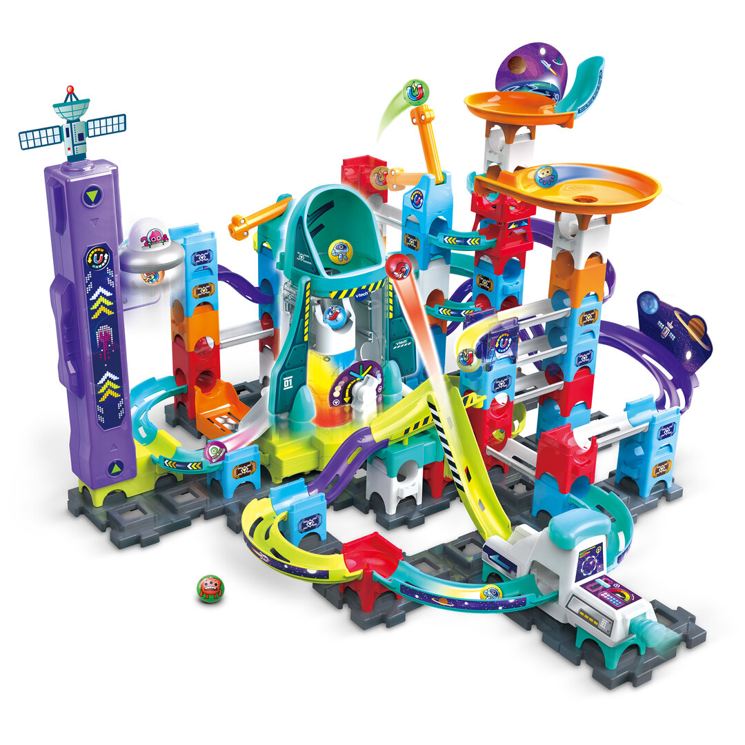 VTech Marble Rush Space Magnetic Set XL300 E magnetische Kugelbahn ab 4 Jahren VTech Marble Rush Space Magnetic Set XL300 E aus Kunststoff 119 Teile, inkl. elektronischem Modul, 5 MarBalls 5 magnetischer Kugeln, U-Kurve, UFO-Aufzug, magnetischer Pendel, fördert Motorik & räumliches Denken, ab 4 J., Spielzeug, Spielbereich
