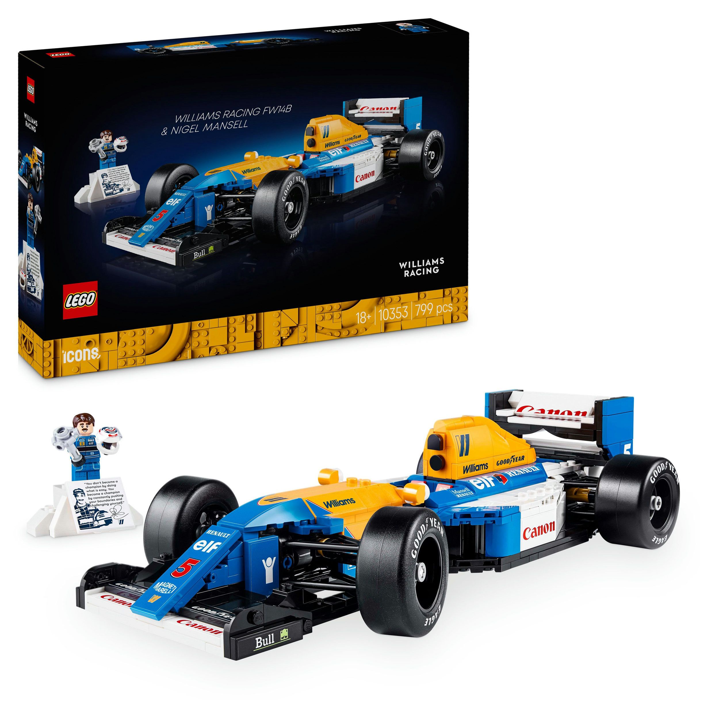 LEGO® Icons 10353 Williams Racing FW14B mit Nigel Mansell Autorennen, Formel Eins, Rennwagen, Fahrzeug, Rad, Autorennen, Formel Eins, Rennwagen, Fahrzeug, Rad, Autorennen, Formel Eins, Rennwagen, Fahrzeug, Rad