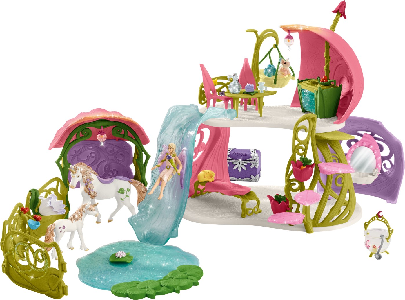 schleich bayala 42445 Glitzerndes Blütenhaus mit Einhörnern, See und Stall Spielbereich, Draußen, Person
