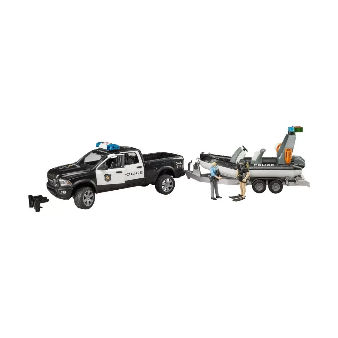 Bruder 02507 RAM 2500 Polizei Pickup mit L + S Modul, Anhänger, Boot und 2 Figuren