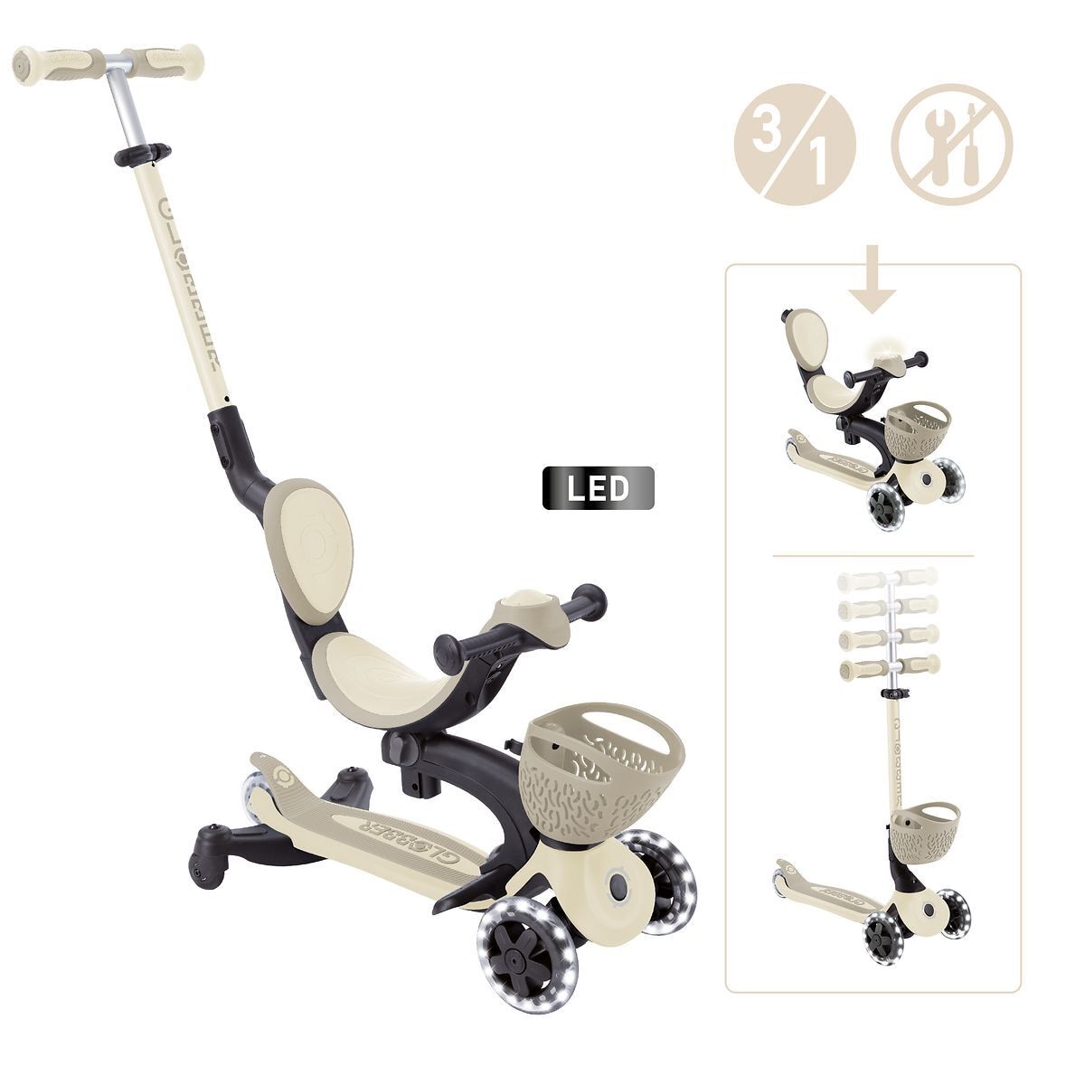 Produktfoto - Globber Deutschland - GLOBBER GO-UP BABY 360 LIGHTS taupe, mit Leuchtrollen und Leuchtmodul - Modell GLOBBER