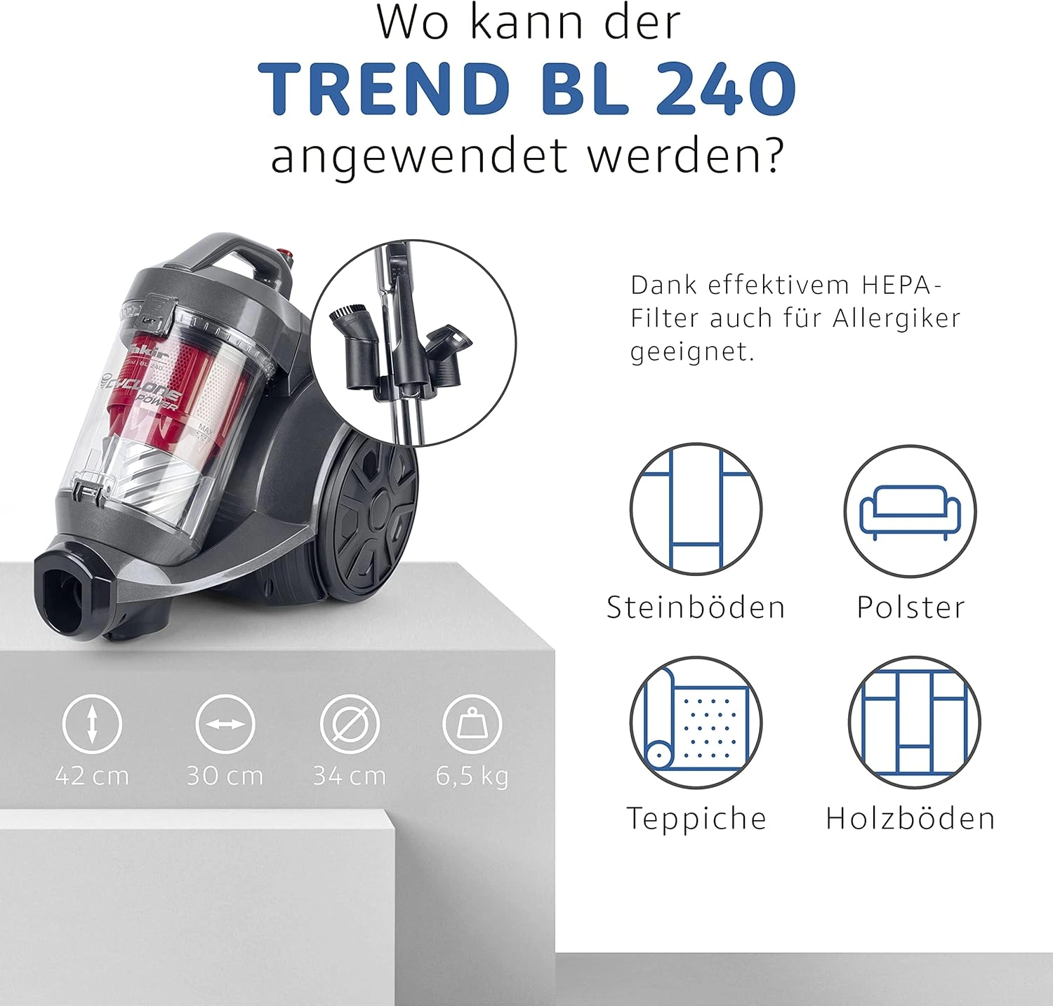 FAKIR trend BL 240 Beutelloser Bodenstaubsauger – 700 W, HEPA H13, 3 l Staubbehälter