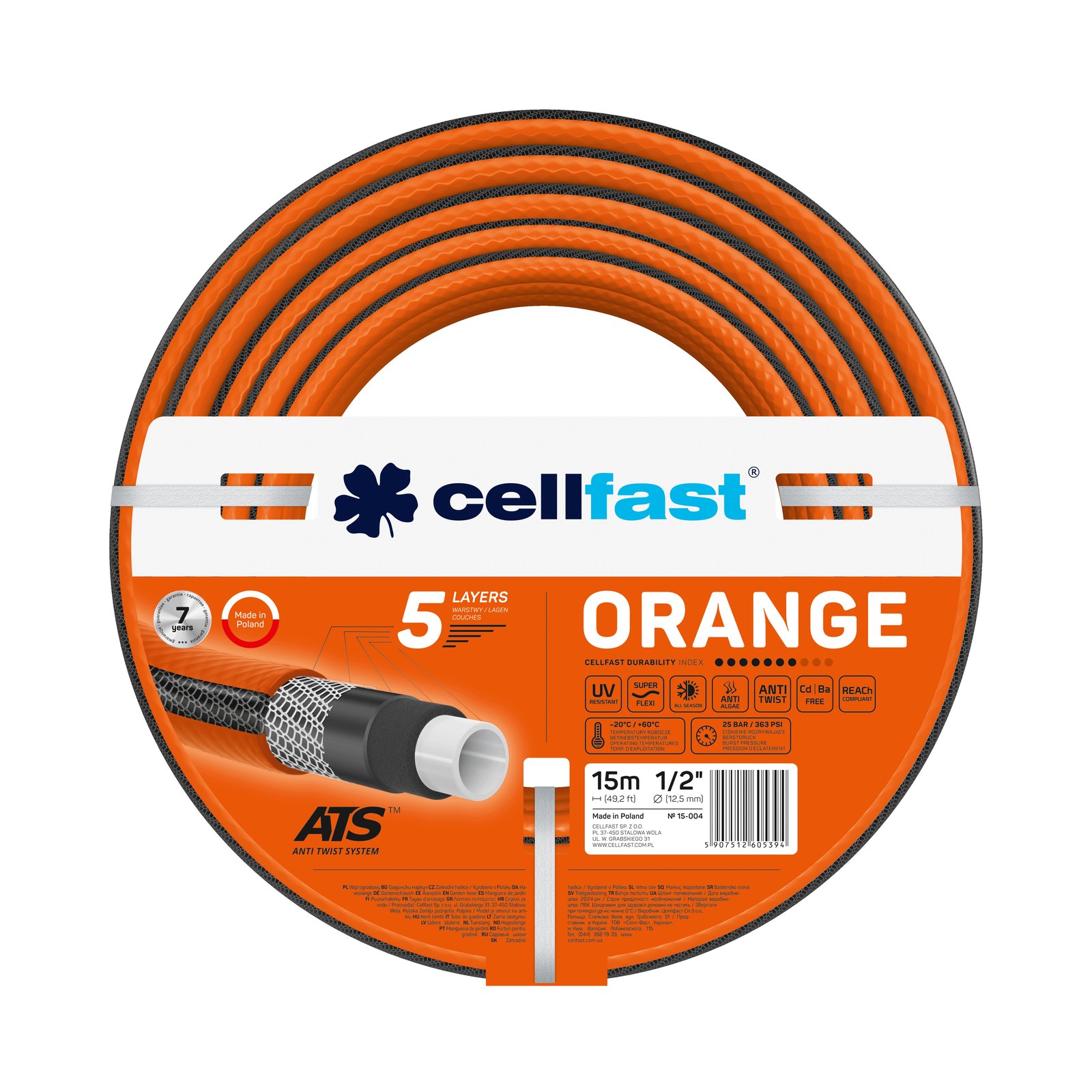 Cellfast 5-lagiger Gartenschlauch ORANGE 1/2" 15 m*