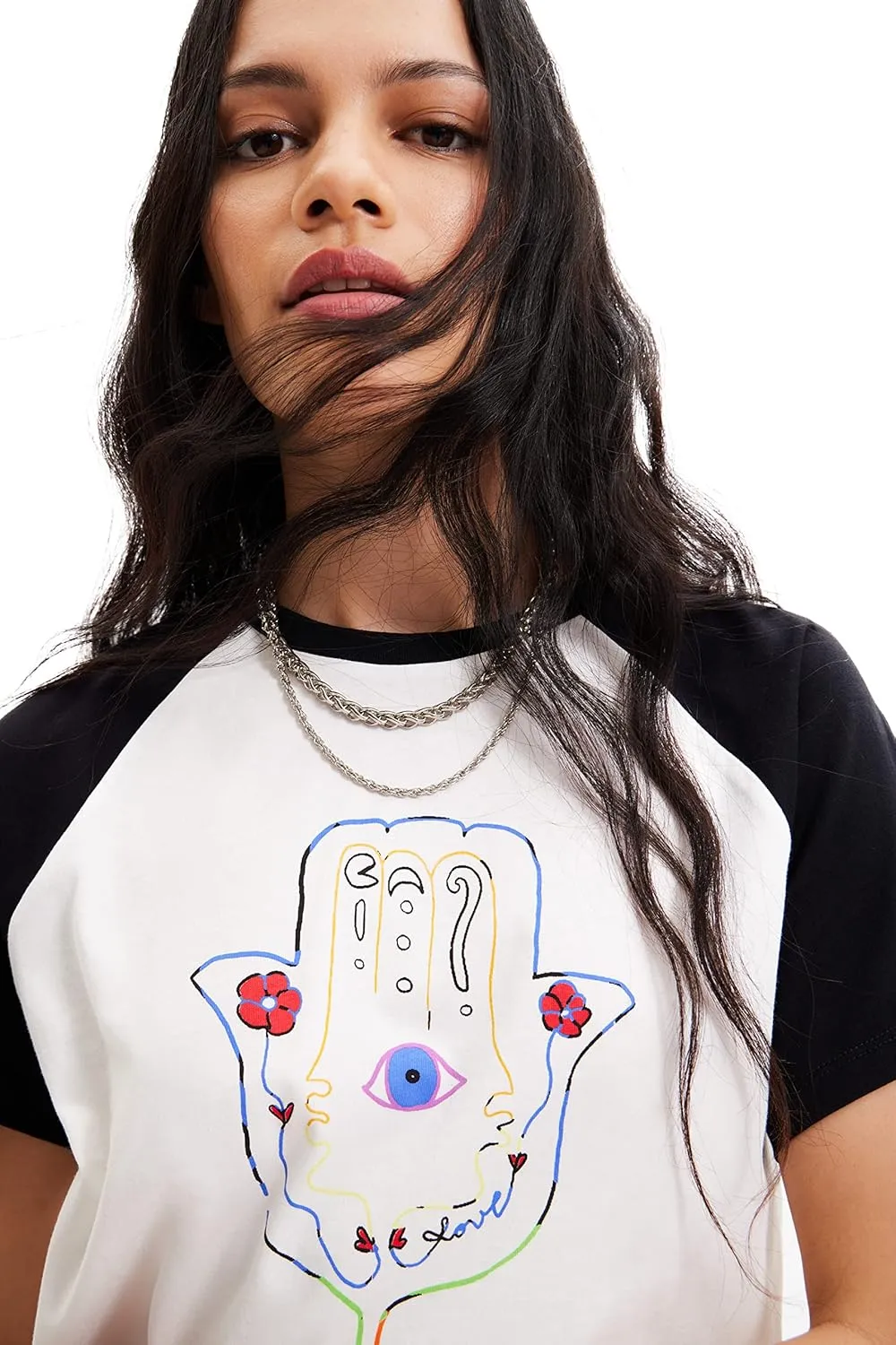 Desigual Damen T-Shirt - Weißes T-Shirt mit Hamsa-Print 22WWTKK22000 GR. XXL Desigual Damen T-Shirt - Weißes T-Shirt mit Hamsa-Print 22WWTKK22000 GR. XXL
