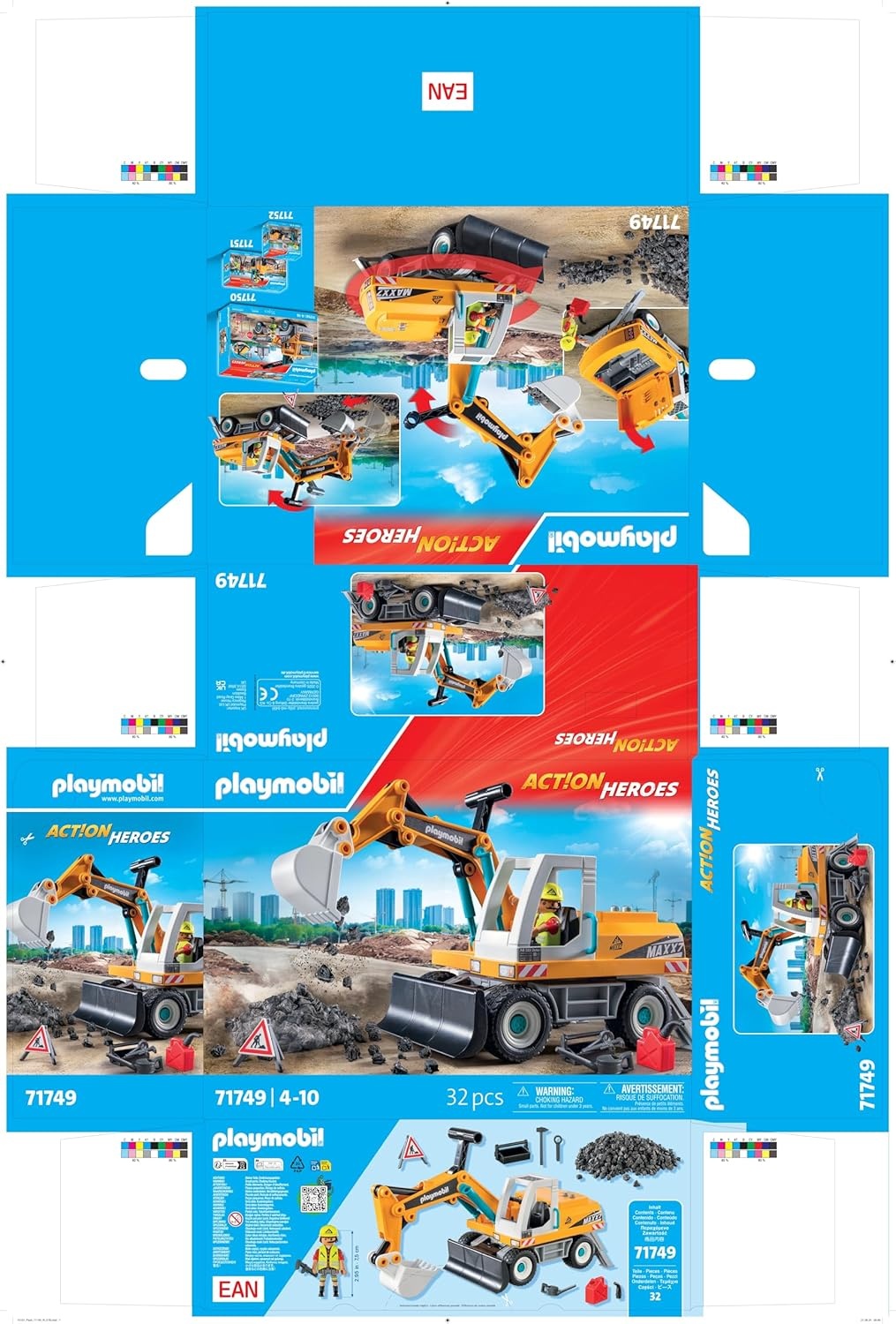 PLAYMOBIL 71749 Action Heroes: Großer Bagger mit beweglicher Schaufel und Bauarbeiter Planierraupe, Maschine, Person