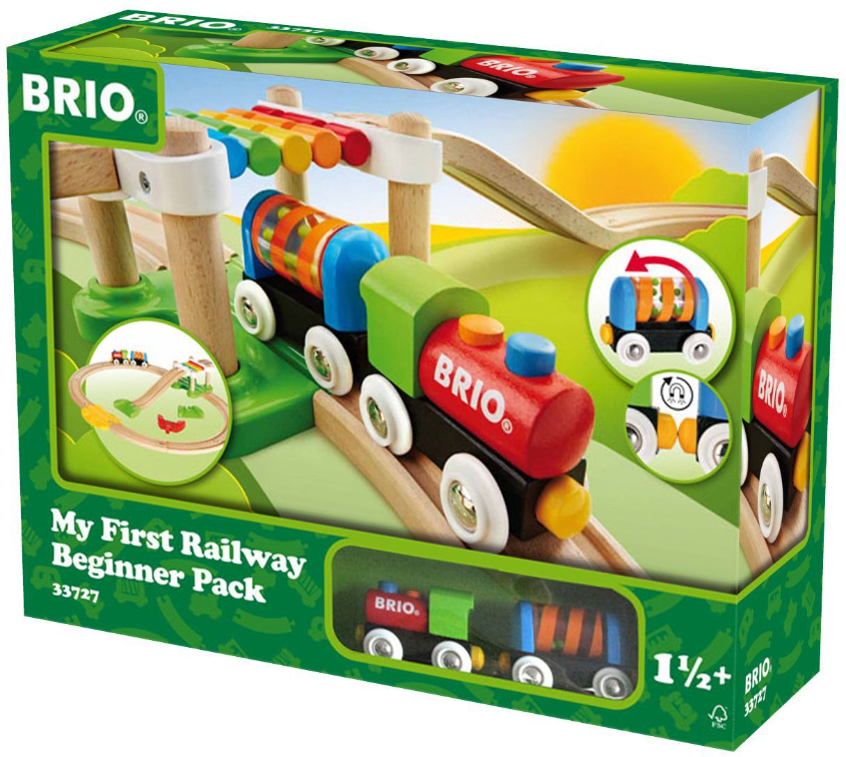 BRIO World 33727 Mein erstes BRIO Bahn Spiel Set Zug mit Waggon, Schienen & Hängebrücke für Kleinkinder BRIO Einst Maschine, Rad, Maschine, Rad, Maschine, Rad