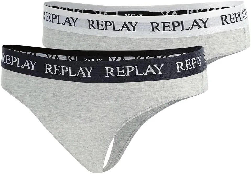 REPLAY Damen Strings I101296GR - Grau/Weiß/Schwarz, 2er Pack mit Logo-Bund REPLAY Damen Strings I101296GR - Grau/Weiß/Schwarz, 2er Pack mit Logo-Bund