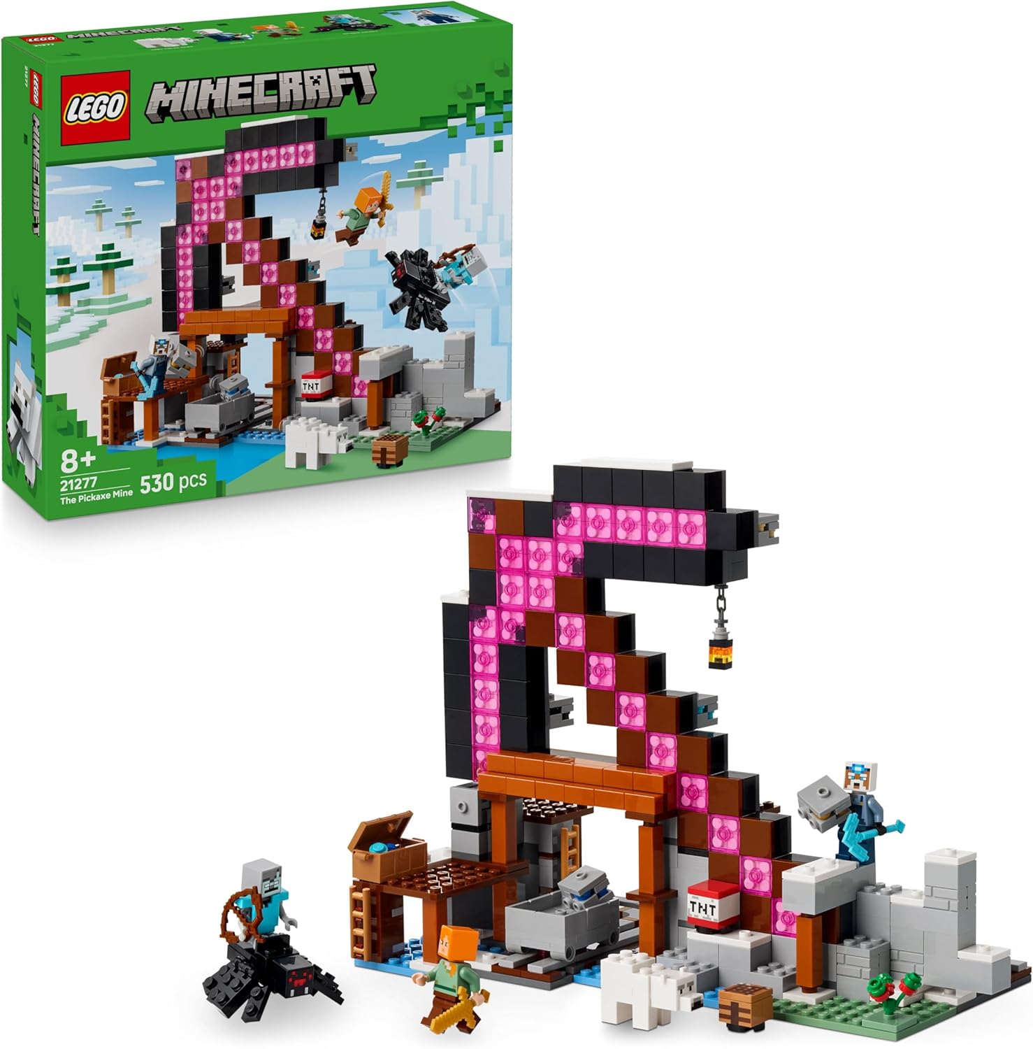LEGO® Minecraft™ 21277 Die Spitzhackenmine LEGO® Minecraft™ 21277 Die Spitzhackenmine – Verpackung, Zubehör und Details sichtbar