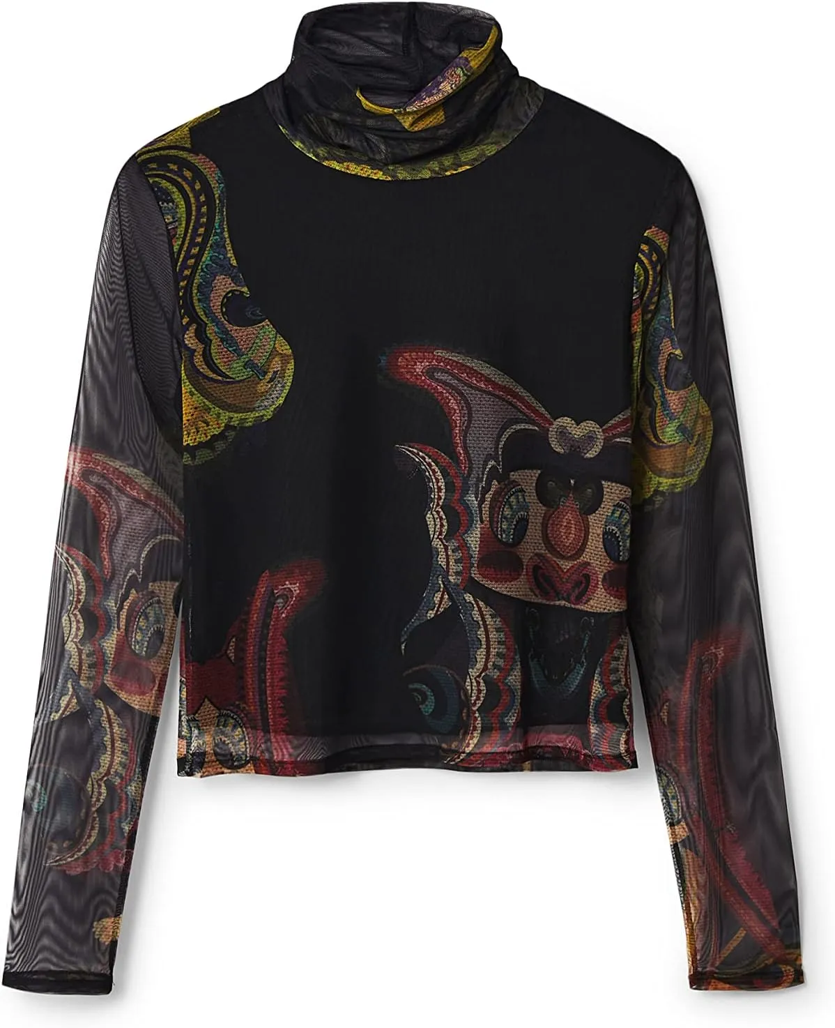 Desigual Damen Langarmshirt - Schwarzes Mesh-Shirt mit buntem Print 22WWTK392000 GR. M Desigual Damen Langarmshirt - Schwarzes Mesh-Shirt mit buntem Print 22WWTK392000 GR. M