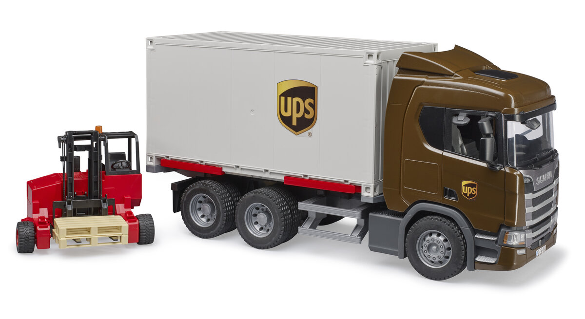 BRUDER 03582 - Scania Super 560R UPS Logistik-LKW mit Mitnahmestapler Anhänger-LKW, Lastwagen, Fahrzeug, Maschine, Rad