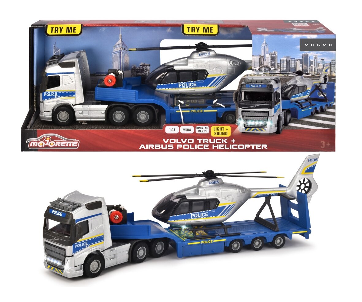 Majorette, Volvo, Truck, +, Airbus, Police, Helicopter, 213716000, lkw, Rad, Abschleppwagen, Hubschrauber, Spielzeug