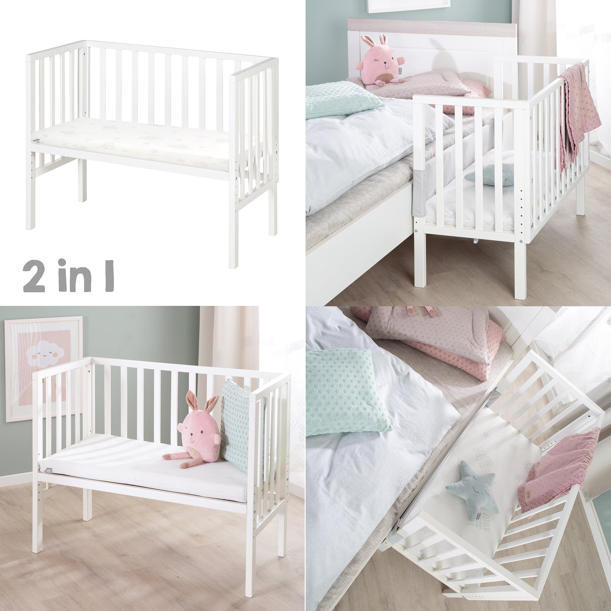 Roba 8970WE1 Beistellbett 2in1 mit Barriere + Matratze weiß – Stubenbetten - Bild 3 Roba 8970WE1 Beistellbett 2in1 mit Barriere + Matratze weiß – Stubenbetten - Produktbild 3