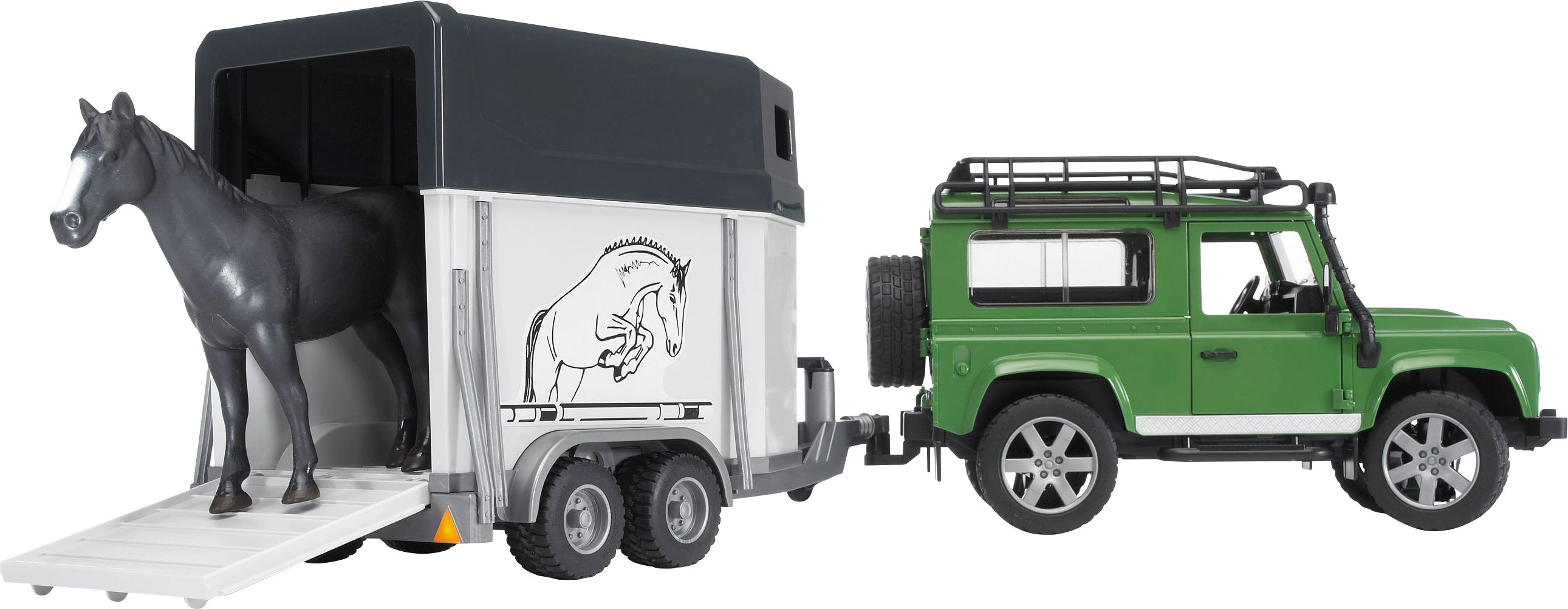 Bruder, 02592, Land, Rover, Defender, plus, Anhänger, plus, Pferd, sortiert