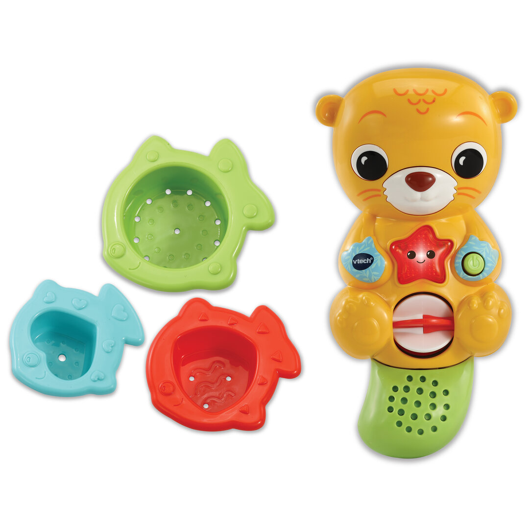VTech Badespaß Otter interaktives Badespielzeug ab 1 Jahr VTech Badespaß Otter aus buntem Kunststoff mit Leucht-Seestern-Taste, Wassersensor, drehbarem Rad im Bauch, 3 Fisch-Becher, 3 Lieder & 15 Melodien, wasserdichtes Batteriefach ab 1 Jahr., Drinnen, Spielzeug