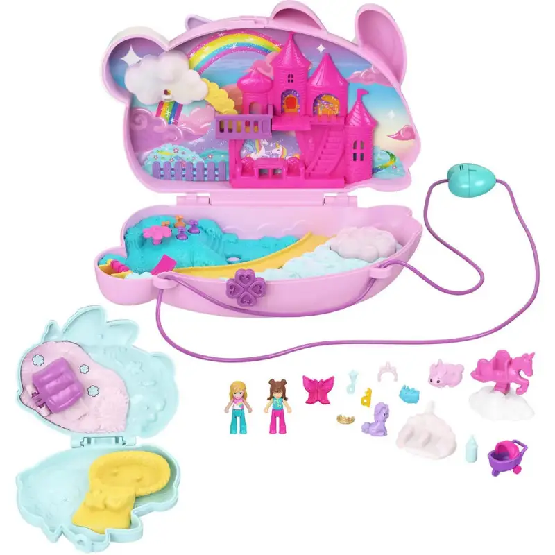 Polly Pocket 2-in-1-Bunny Fun Schatulle, tragbares Taschen-Spielset mit 2 Puppen und 12 Zubehörteilen inklusive Tieren
