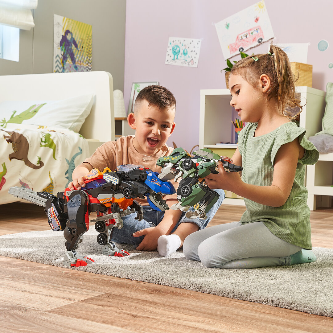 VTech Switch & Go Dinos 3-in-1 Super-T-Rex, ab 3 Jahren VTech Switch & Go Dinos 3-in-1 Super-T-Rex aus Kunststoff ~30 × 53 cm, transformiert zu Dino, Polizei-Auto & Helikopter mit über 30 Sound-Sätzen, LED-Effekten, Lautstärkeregler & kindersicher, 3 8 J., Kind, Weiblich, Mädchen, Person
