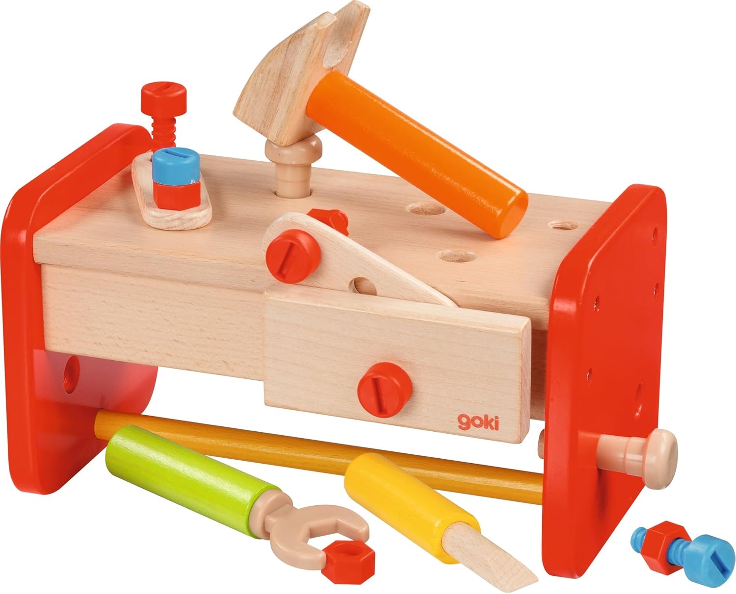 GOKI 58871 Werkbank mit Aufbewahrungsbox – 2-in-1 Spielset für kleine Handwerker