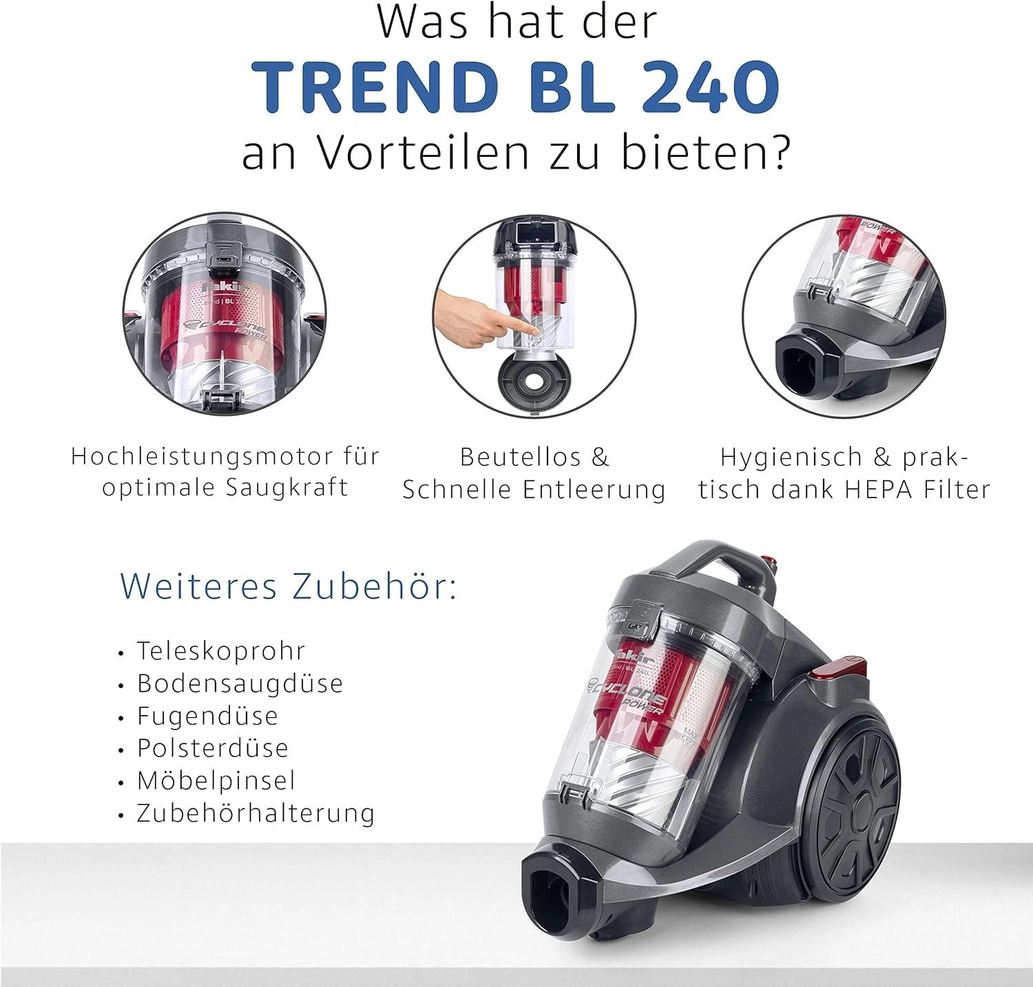 FAKIR trend BL 240 Beutelloser Bodenstaubsauger – 700 W, HEPA H13, 3 l Staubbehälter