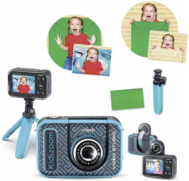 VTech KidiZoom Video Studio HD Kinderkamera mit Greenscreen & HD-Video, ab 5 Jahren VTech KidiZoom Video Studio HD mit Selfie-Linse, Greenscreen, 3 Spielen & 20 Hintergründen, HD-Video bis 720p, 5 MP Kamera, 4× Zoom, Mini-Stativ & USB-Akku, ab 5 Jahren,