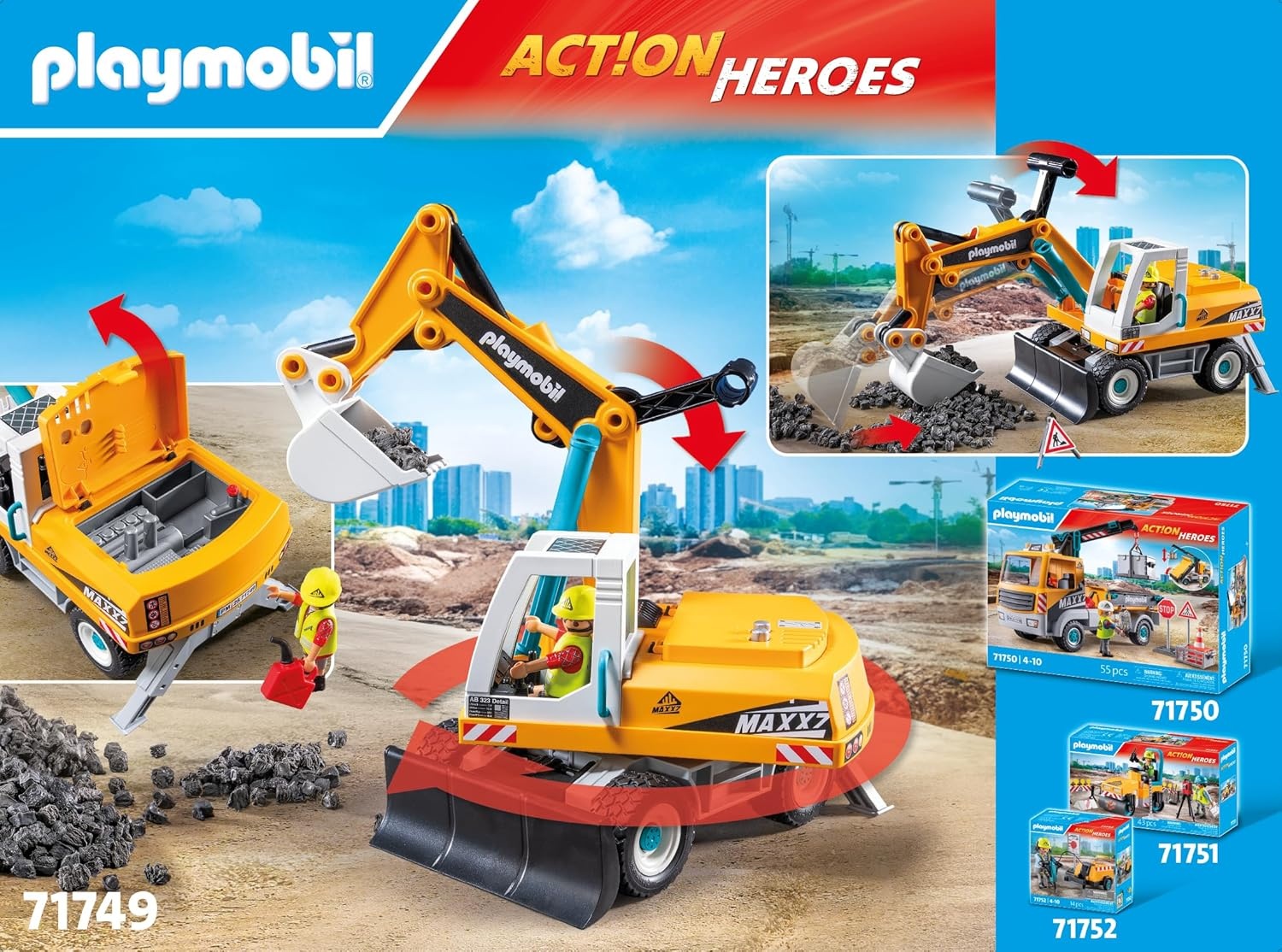 PLAYMOBIL 71749 Action Heroes: Großer Bagger mit beweglicher Schaufel und Bauarbeiter Maschine, Bulldozer
