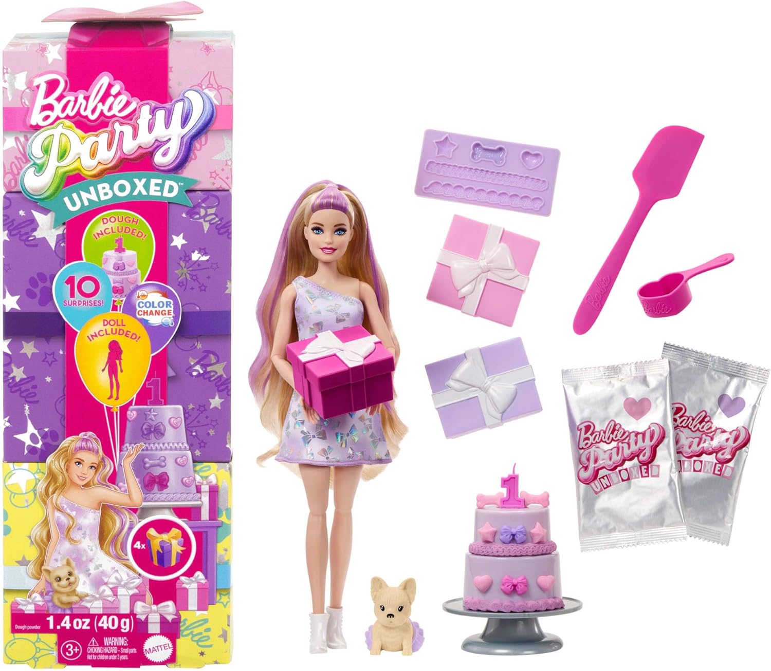 Barbie Party Unboxed Haustier Geburtstag Serie – Lila Kleid & Überraschungen JFG70 – Verpackung, Zubehör und Details sichtbar