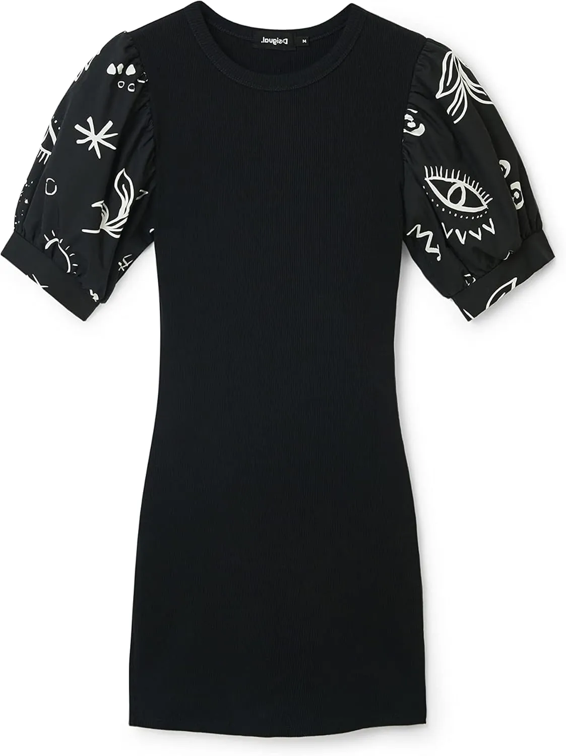 Desigual Damen Kleid - Schwarzes Kleid mit Puffärmeln und Kontrastprint 22WWVK712000 GR. L Desigual Damen Kleid - Schwarzes Kleid mit Puffärmeln und Kontrastprint 22WWVK712000 GR. L