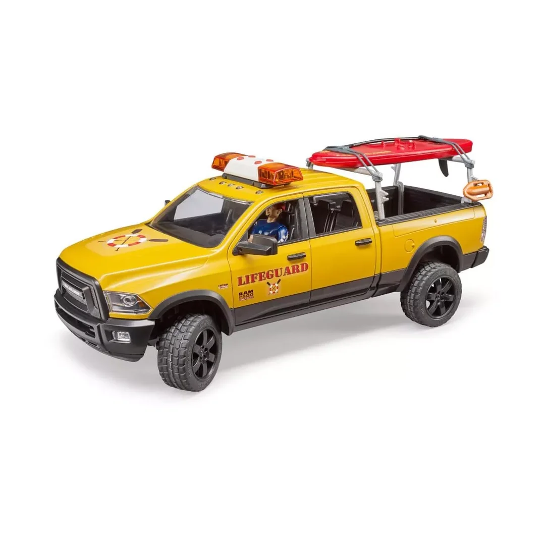 Bruder 02506 RAM 2500 Power Wagon Life Guard mit Figur, Stand Up Paddle und Light & Sound Modul