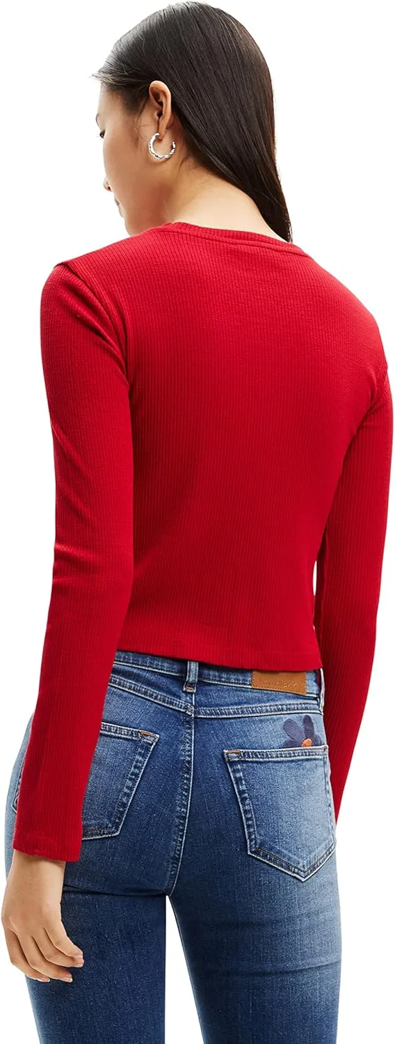 Desigual Damen Langarmshirt - Rotes Rippshirt mit Statement-Print 22WWTK933014 GR. XL