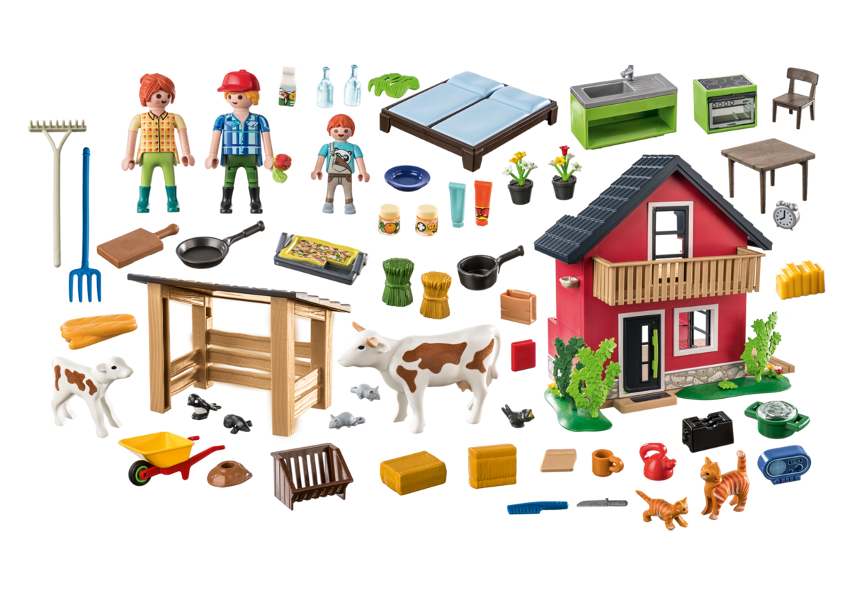 PLAYMOBIL 71248 Bauernhaus Nachbarschaft, Person, Kuh, Draußen, Spielbereich