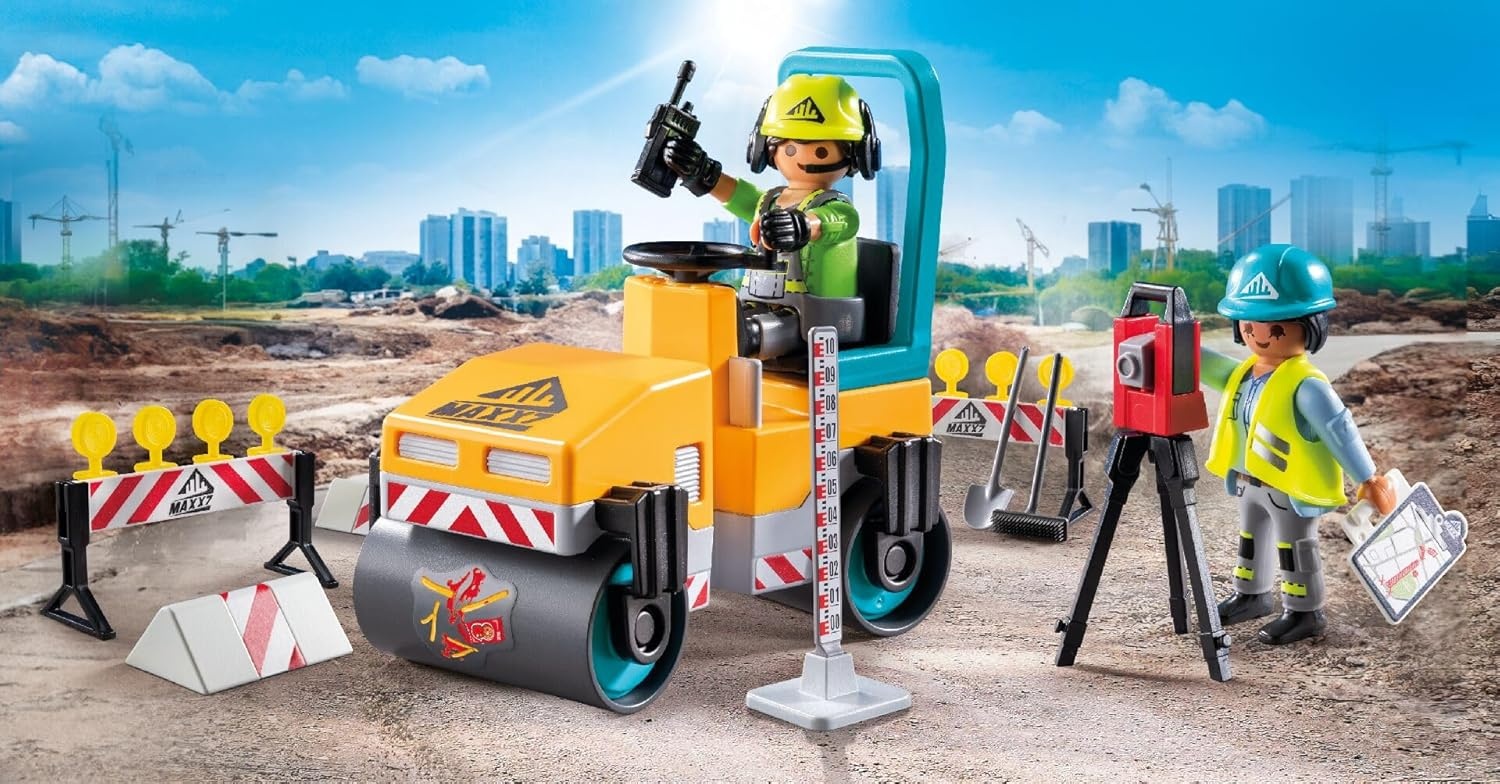 PLAYMOBIL 71751 - Action Heroes: Straßenbaustelle mit Walze, Absperrung & Bauarbeitern Person, Arbeiter, Junge, Kind, Männlich