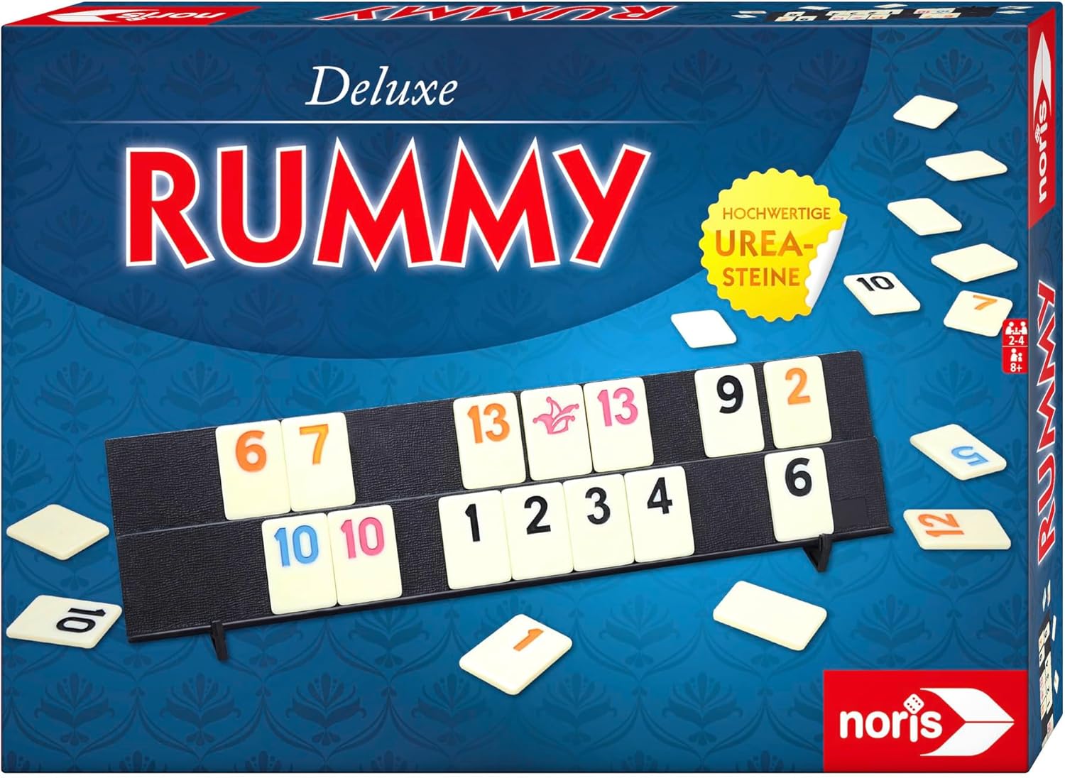 Noris Deluxe Set - Rummy Familienspiel mit hochwertigen Spielsteinen 606101779 Text